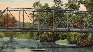 A painting of a boat on the water under an old bridge.